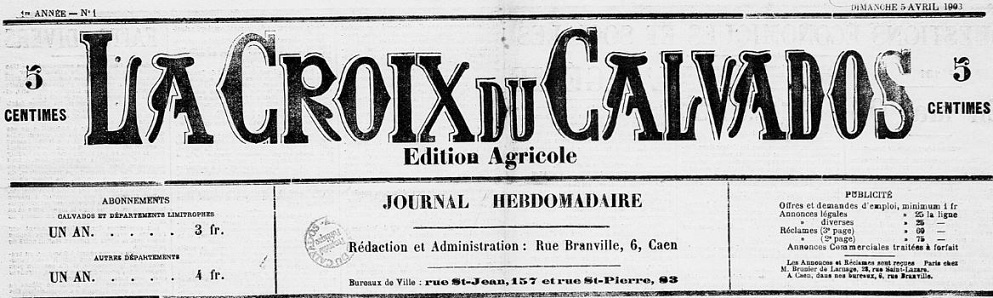 Photo (Calvados. Archives départementales) de : La Croix du Calvados. Caen, 1903-1905. ISSN 1247-7230.