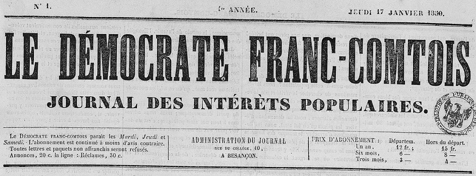 Photo (Bibliothèque municipale (Besançon)) de : Le Démocrate franc-comtois. Besançon, 1850-[1850 ?]. ISSN 2023-7162.