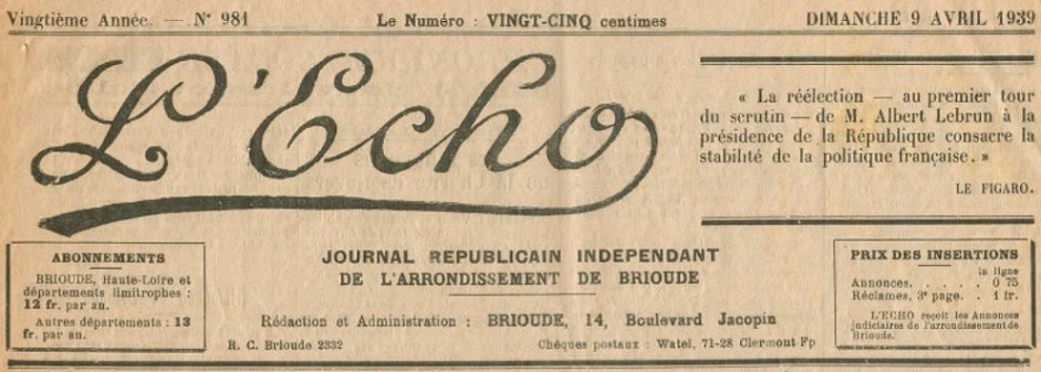 Photo (Haute-Loire. Archives départementales) de : L'Écho. Brioude, 1920-1944. ISSN 2126-0524.