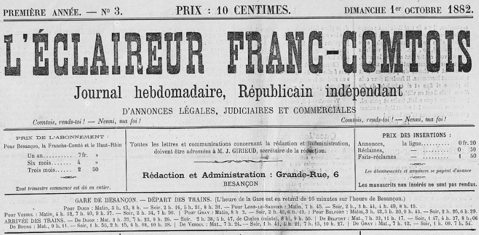 Photo (Bibliothèque municipale (Besançon)) de : L'Éclaireur franc-comtois. Besançon, 1882. ISSN 2127-0015.