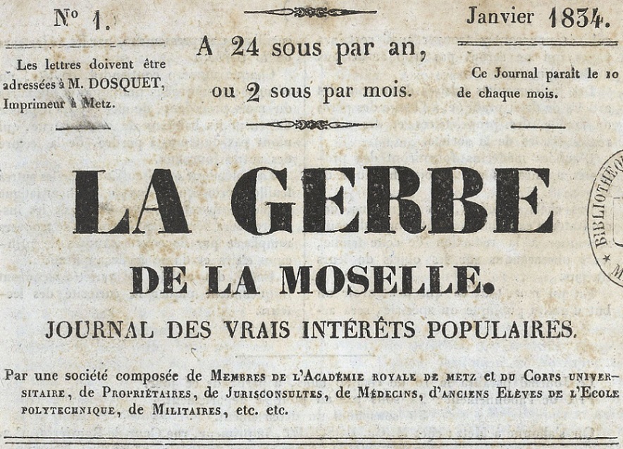 Photo (Sillon lorrain) de : La Gerbe de la Moselle. Metz, 1834-[1839?]. ISSN 1963-6938.
