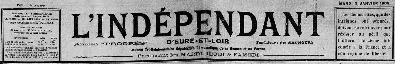Photo (Arch. dép. d'Eure-et-Loir, Per 24) de : L'Indépendant d'Eure-et-Loir. Chartres, 1920-1948. ISSN 2129-481X.