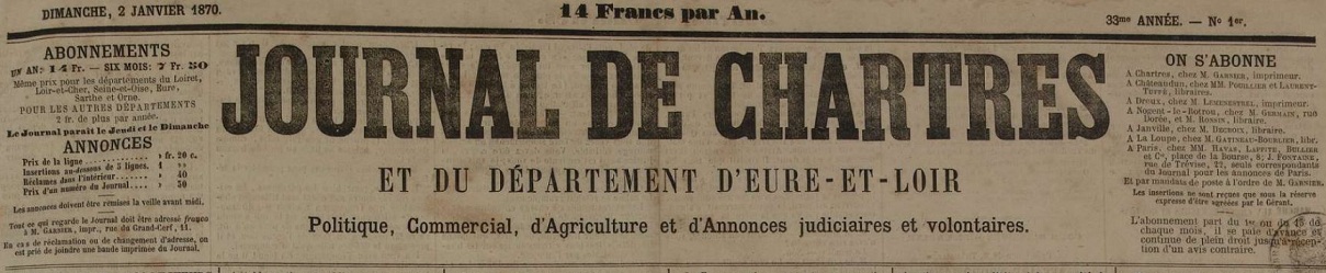 Photo (Arch. dép. d'Eure-et-Loir, Per 9) de : Journal de Chartres et du département d'Eure-et-Loir. Chartres : Garnier, 1838-1922. ISSN 2022-4079.