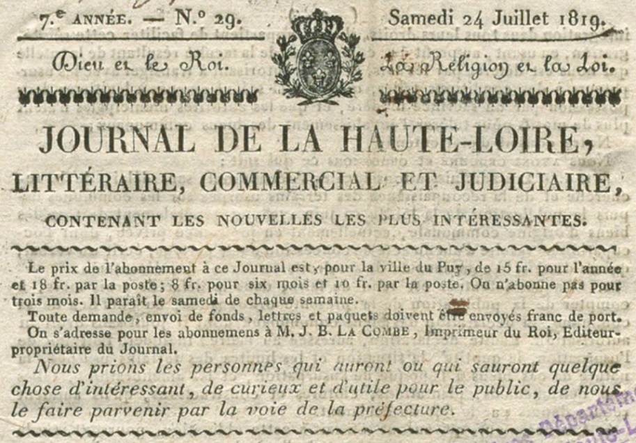 Photo (Haute-Loire. Archives départementales) de : Journal de la Haute-Loire. Le Puy, 1819-1842. ISSN 2130-4459.