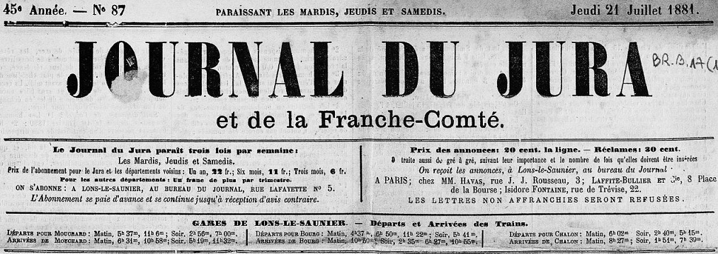 Photo (Bibliothèque municipale (Besançon)) de : Journal du Jura et de la Franche-Comté. Lons-le-Saunier : E. Journet-Meynier, 1858-1881. ISSN 2130-890X.