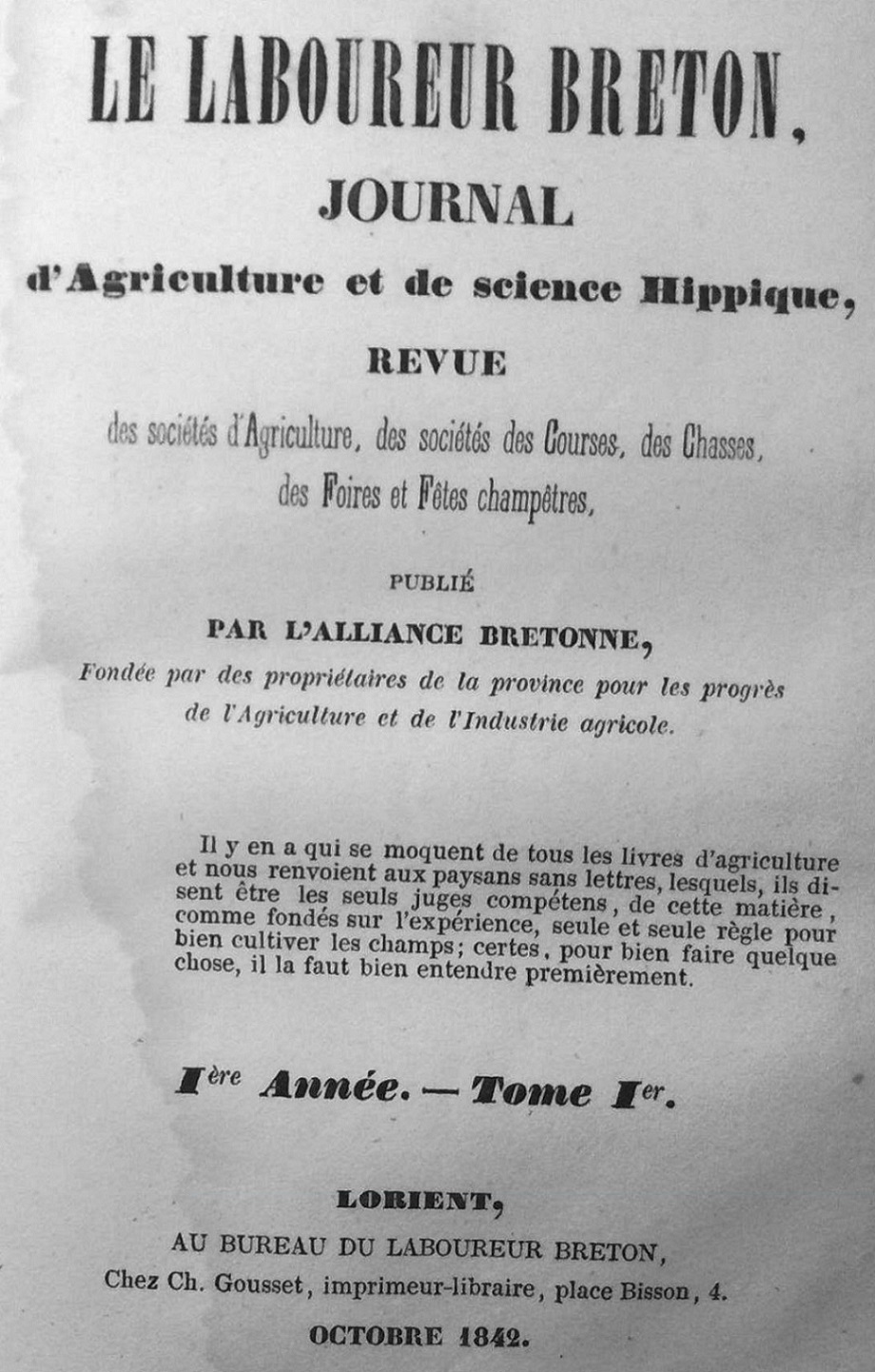 Photo (Institut de documentation bretonne et européenne) de : Le Laboureur breton. Lorient, 1842-[1843 ?]. ISSN 2112-1079.