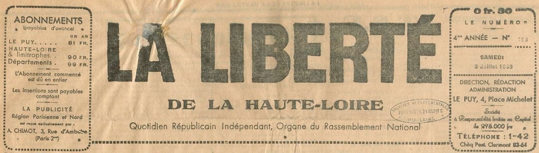 Photo (Haute-Loire. Archives départementales) de : La Liberté de la Haute-Loire. Le Puy, 1936-1944. ISSN 2025-0487.