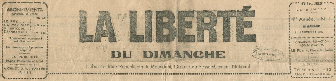 Photo (Haute-Loire. Archives départementales) de : La Liberté du dimanche. Le Puy, 1936-1944. ISSN 2131-3296.