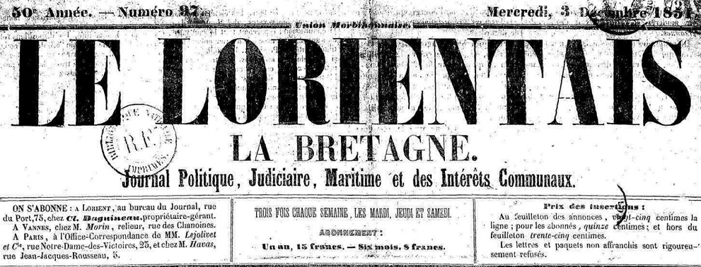 Photo (Morbihan. Archives départementales) de : Le Lorientais, La Bretagne. Lorient, 1851-[1856 ?]. ISSN 2131-5698.