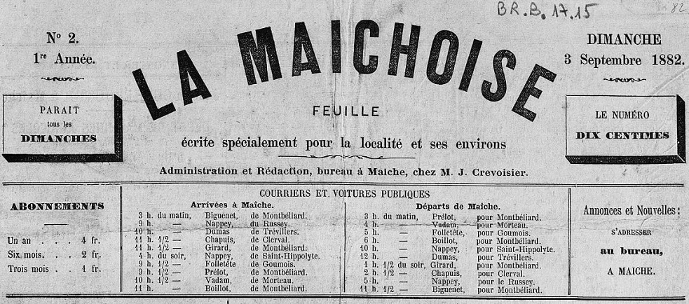 Photo (Bibliothèque municipale (Besançon)) de : La Maîchoise. Maîche, 1882. ISSN 2131-7747.