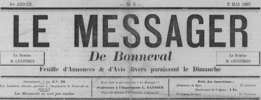 Photo (Arch. dép. d'Eure-et-Loir, Per 37) de : Le Messager de Bonneval. Bonneval, 1897-1940. ISSN 2132-090X.