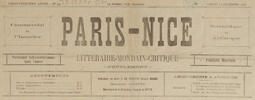 Photo (BnF / Gallica) de : Paris-Nice. Supplément. Paris, Nice, [1918 ?]-1919. ISSN 2133-5540.