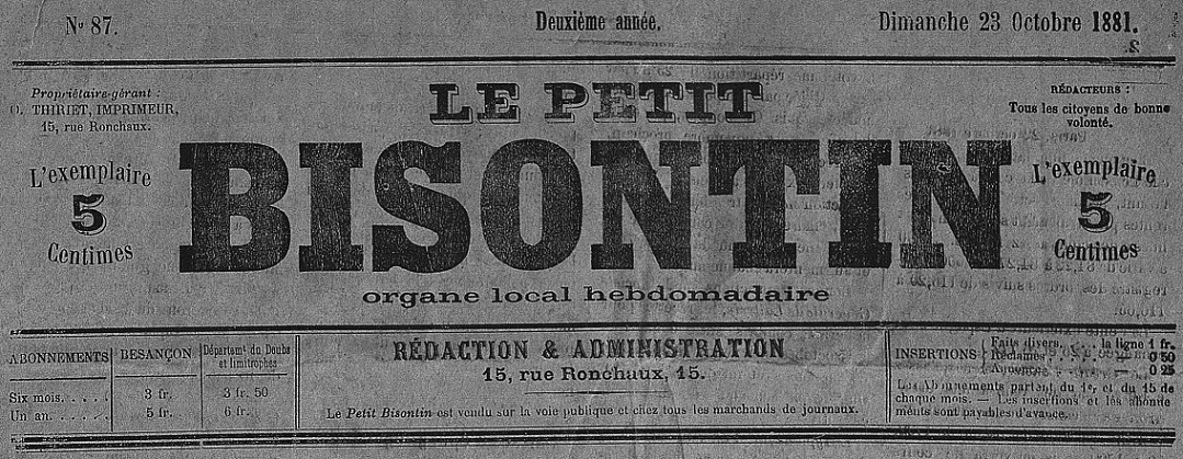 Photo (Bibliothèque municipale (Besançon)) de : Le Petit Bisontin. Besançon, [1880 ?-1885 ?]. ISSN 2024-8229.