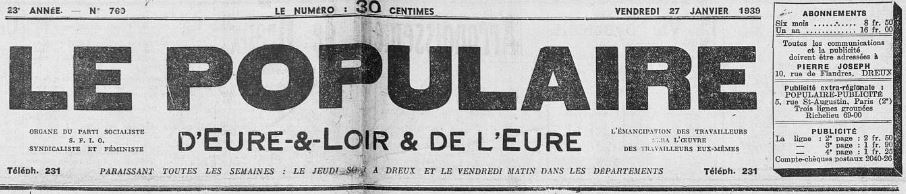 Photo (Arch. dép. d'Eure-et-Loir, Per 67) de : Le Populaire d'Eure-et-Loir et de l'Eure. Dreux, 1921-1954. ISSN 2135-1252.