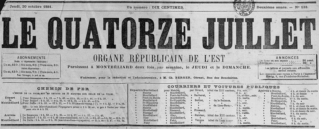 Photo (Bibliothèque municipale (Besançon)) de : Le Quatorze juillet. Montbéliard, 1880-1898. ISSN 1245-6764.