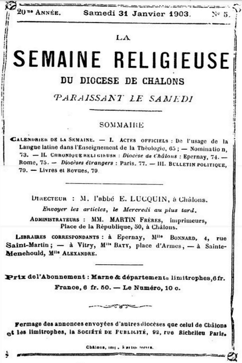 Photo (Bibliothèque municipale (Lyon)) de : La Semaine religieuse du diocèse de Châlons. Châlons-sur-Marne, 1883-1964. ISSN 2018-1574.