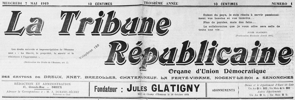 Photo (Arch. dép. d'Eure-et-Loir, Per 63) de : La Tribune républicaine. Dreux, 1913-1932. ISSN 2139-1572.