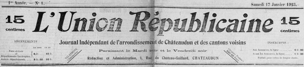 Photo (Arch. dép. d'Eure-et-Loir, Per 72) de : L'Union républicaine. Châteaudun, 1923-1929. ISSN 2139-5012.