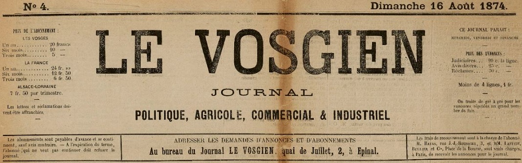 Photo (Sillon lorrain) de : Le Vosgien. Épinal, 1874-[1914 ?]. ISSN 2140-3635.