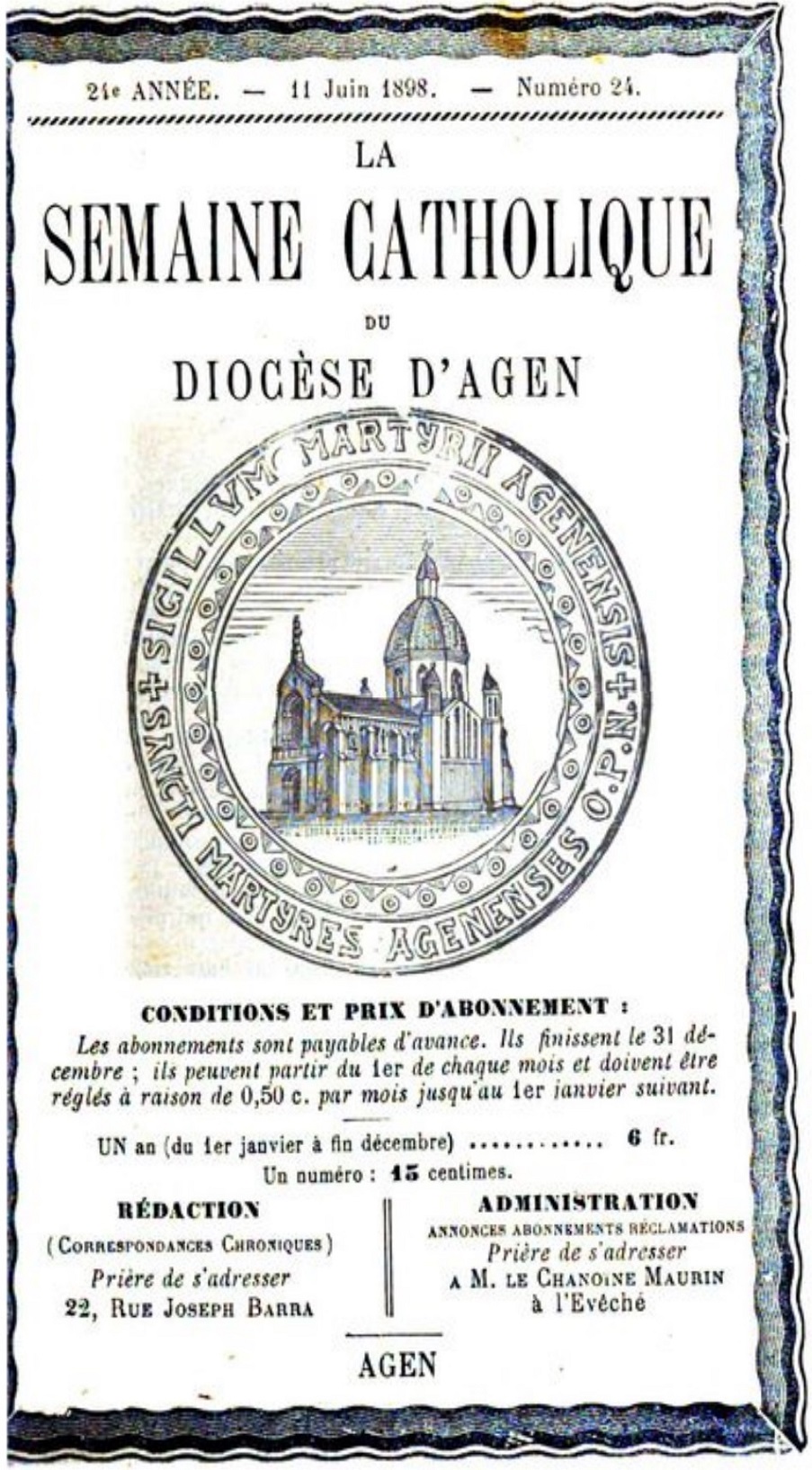 Photo (Bibliothèque municipale (Lyon)) de : La Semaine catholique du diocèse d'Agen. Agen, 1875-1967. ISSN 0991-7403.