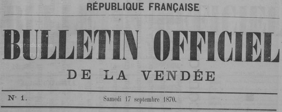 Photo (Vendée. Archives départementales) de : Bulletin officiel de la Vendée. Napoléon-Vendée, 1870-[1871 ?]. ISSN 2016-5226.