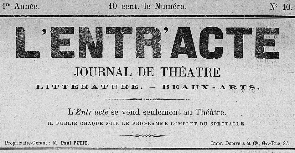 Photo (Bibliothèque municipale (Besançon)) de : L'Entr'acte. Besançon, [1876 ?]. ISSN 1964-0765.