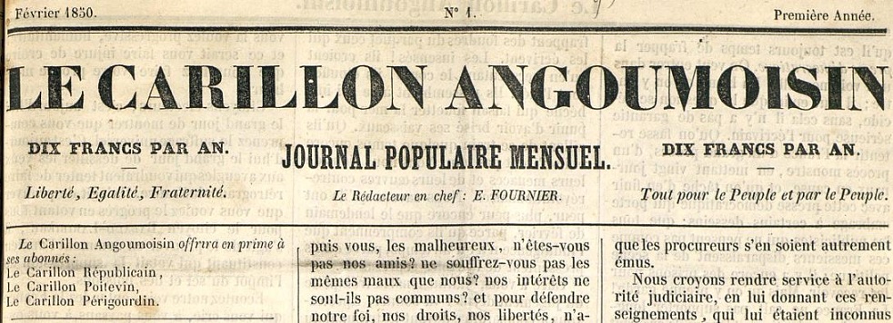 Photo (Bibliothèque francophone multimédia (Limoges)) de : Le Carillon angoumoisin. Angoulême : Châtenet, 1850. ISSN 2111-2444.