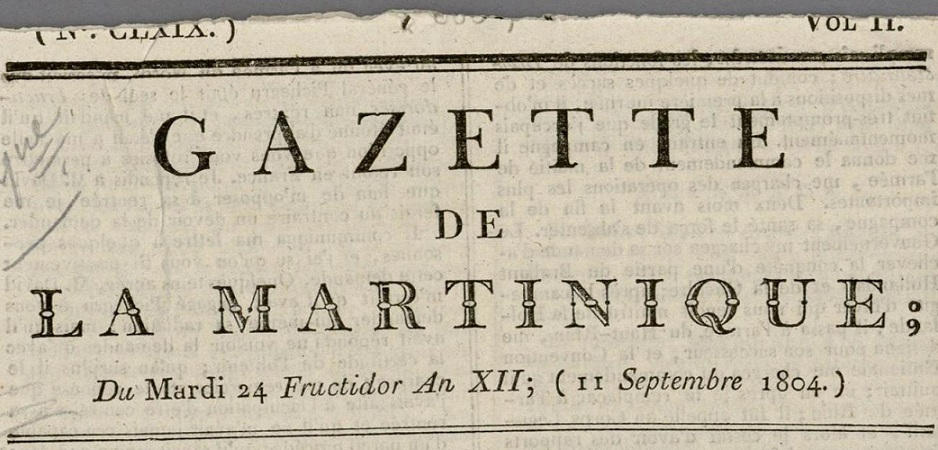 Photo (Archives nationales d'outre-mer (France)) de : Gazette de la Martinique. Saint-Pierre, [1803 ?-1832 ?]. ISSN 2739-6533.