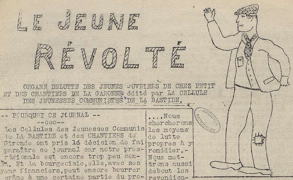 Photo (Archives nationales, F/7/13184, dossier n° 2) de : Le Jeune révolté. [La Bastide (Bordeaux)], [1930]. ISSN 2741-6267.
