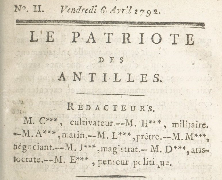 Photo (BnF / Gallica) de : Le Patriote des Antilles. Le Cap [Cap-Haïtien], 1792