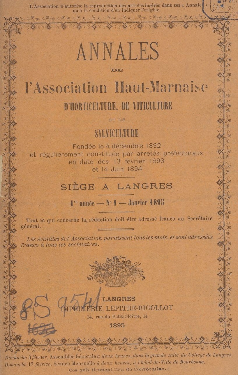 Photo (BnF / Gallica) de : Annales de l'Association haut-marnaise d'horticulture, de viticulture et de sylviculture. Langres, 1895-[1905 ?]. ISSN 2802-3803.