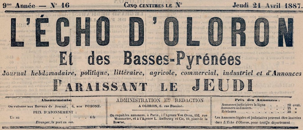 Photo (BnF / Gallica) de : L'Écho d'Oloron et des Basses-Pyrénées. Oloron, 1887-1944. ISSN 2015-0644.