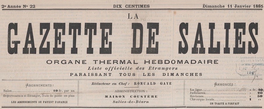Photo (BnF / Gallica) de : La Gazette de Salies. Salies-de-Béarn, 1884-1886. ISSN 2017-0459.