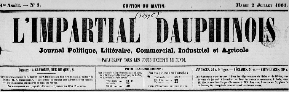 Photo (Auvergne-Rhône-Alpes livre et lecture) de : L'Impartial dauphinois. Grenoble : N. Maisonville et fils, 1861-1878. ISSN 2266-0410.