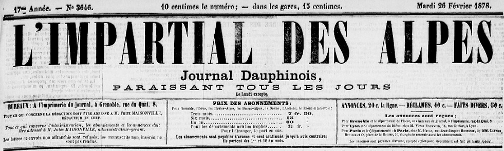 Photo (Auvergne-Rhône-Alpes livre et lecture) de : L'Impartial des Alpes. Grenoble, 1878-1886. ISSN 2266-0429.