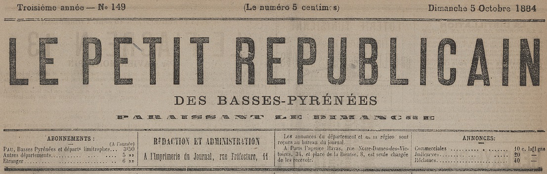 Photo (BnF / Gallica) de : Le Petit républicain des Basses-Pyrénées. Pau, 1881-1890. ISSN 2017-9014.