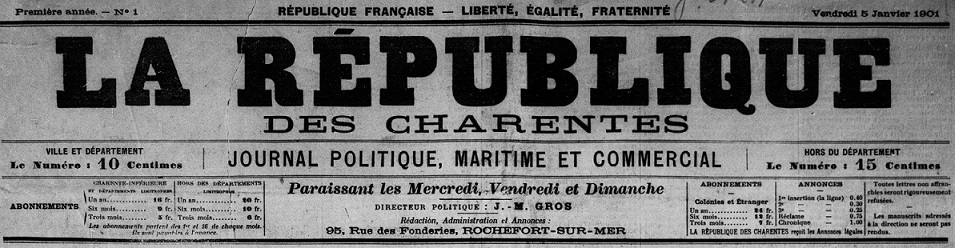 Photo (BnF / Gallica) de : La République des Charentes. Rochefort, 1901-1912. ISSN 2136-544X.