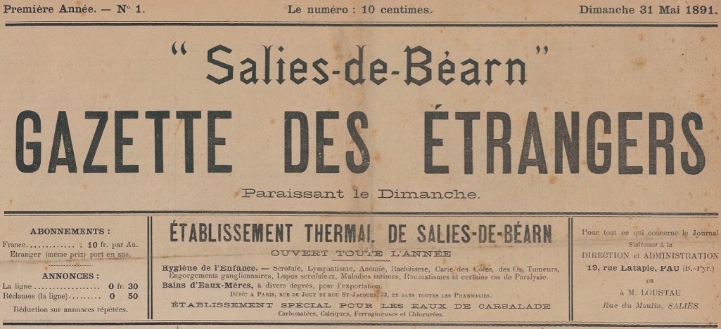 Photo (BnF / Gallica) de : Salies-de-Béarn. Gazette des étrangers. Pau, 1891-[1892 ?]. ISSN 2017-053X.