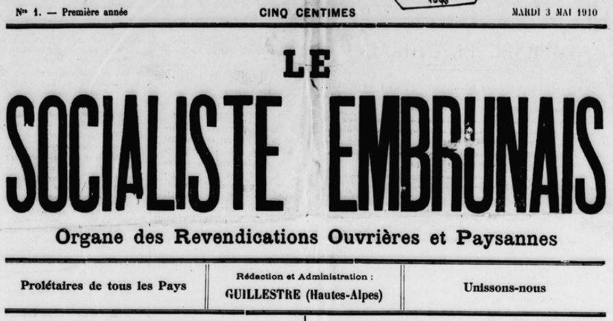 Photo (BnF / Gallica) de : Le Socialiste embrunais. Guillestre, 1910. ISSN 2259-6712.