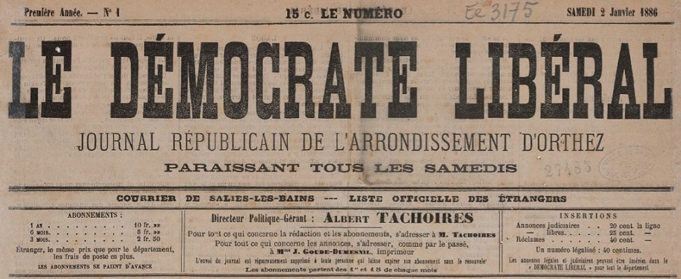 Photo (BnF / Gallica) de : Le Démocrate libéral. Orthez, 1886-1906. ISSN 1145-8208.