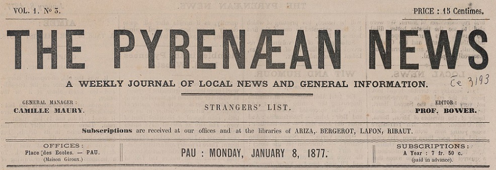 Photo (BnF / Gallica) de : The Pyrenean news. Pau, 1876-[1877 ?]. ISSN 2018-3178.