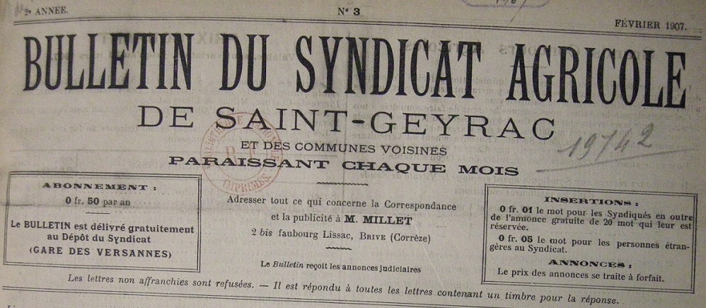 Photo (BnF / Gallica) de : Bulletin du Syndicat agricole de Saint-Geyrac et des communes voisines. Les Versannes [La Douze], Brive, [1906 ?-1908 ?]. ISSN 2803-3906.