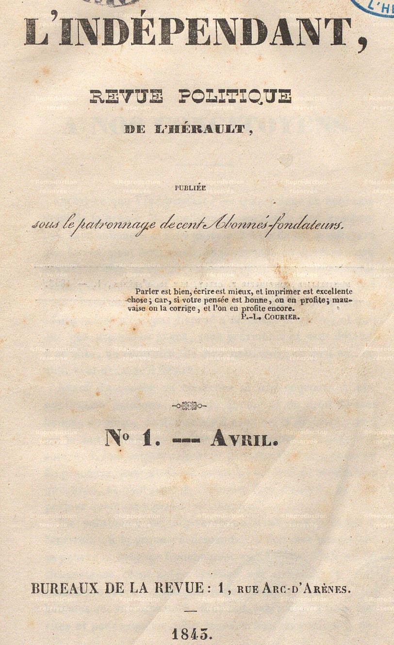 Photo (Hérault. Archives départementales) de : L'Indépendant. Montpellier, 1843-[1844 ?]. ISSN 2024-3537.