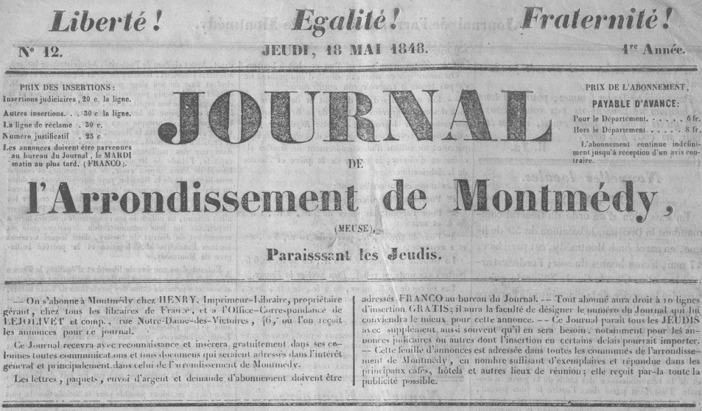 Photo (Meuse. Archives départementales) de : Journal de l'arrondissement de Montmédy. Montmédy, 1848-1873. ISSN 2130-3959.