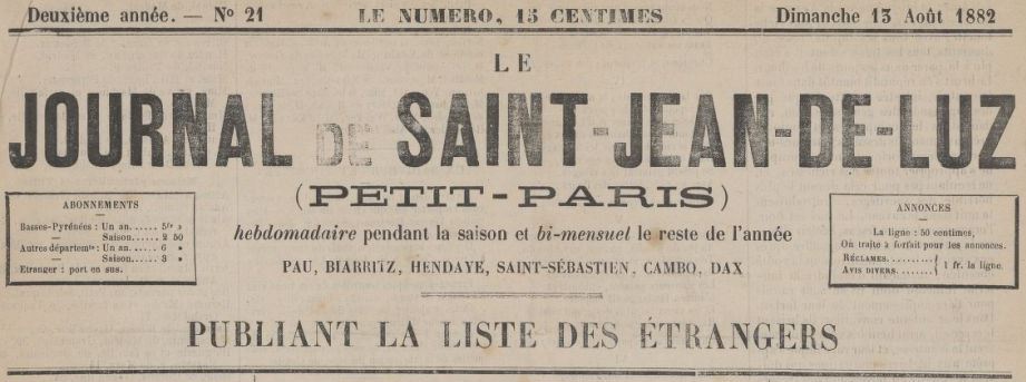 Photo (BnF / Gallica) de : Le Journal de Saint-Jean-de-Luz. Saint-Jean-de-Luz, 1881-1883. ISSN 2017-3334.