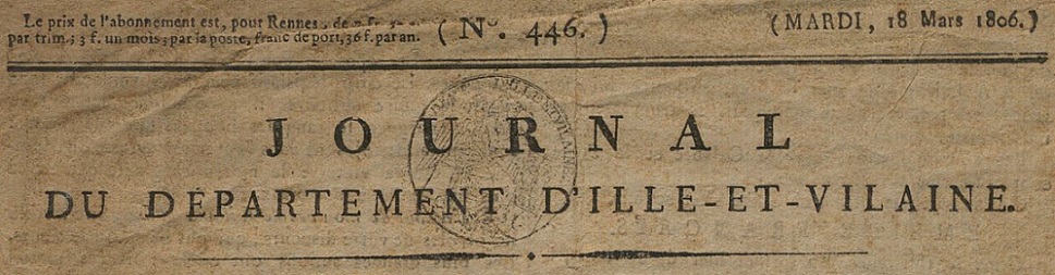 Photo (Côtes-d'Armor. Archives départementales) de : Journal du département d'Ille-et-Vilaine. Rennes, 1797-1819. ISSN 2130-8535.