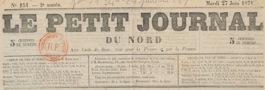 Photo (BnF / Gallica) de : Le Petit journal du Nord. Douai, 1870-1871. ISSN 2134-2180.