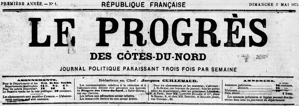Photo (Côtes-d'Armor. Archives départementales) de : Le Progrès des Côtes-du-Nord. Saint-Brieuc, 1875-1899. ISSN 1963-7268.