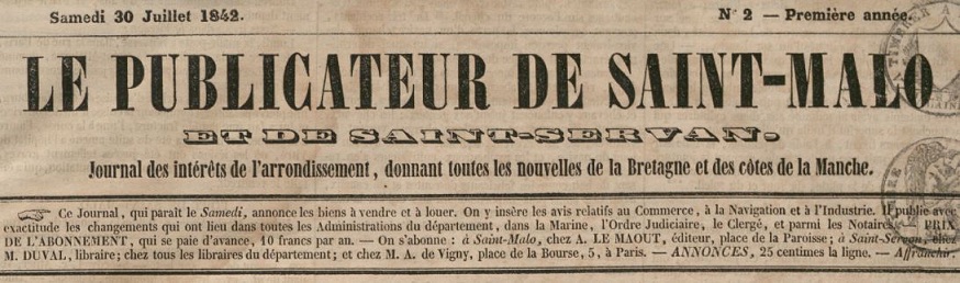 Photo (Côtes-d'Armor. Archives départementales) de : Le Publicateur de Saint-Malo et de Saint-Servan. Saint-Malo, 1842-[1849 ?]. ISSN 2135-6858.