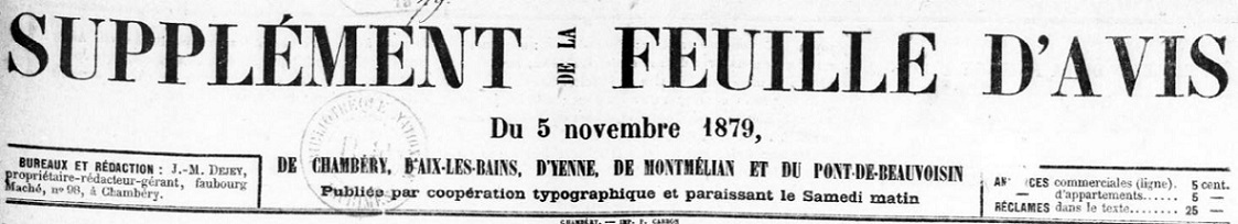 Photo (BnF / Gallica) de : Supplément de la Feuille d'avis de Chambéry, d'Aix-les-Bains, d'Yenne, de Montmélian et du Pont-de-Beauvoisin. Chambéry, 1879. ISSN 2138-407X.